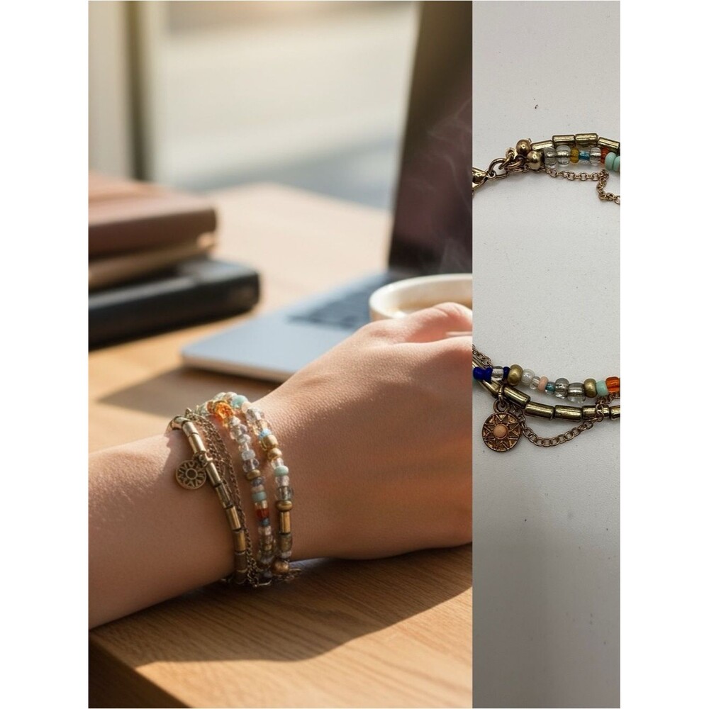 Boho Layered Beaded Charm  | Gold Tone Multi Strand Colorful Bead Bracelet